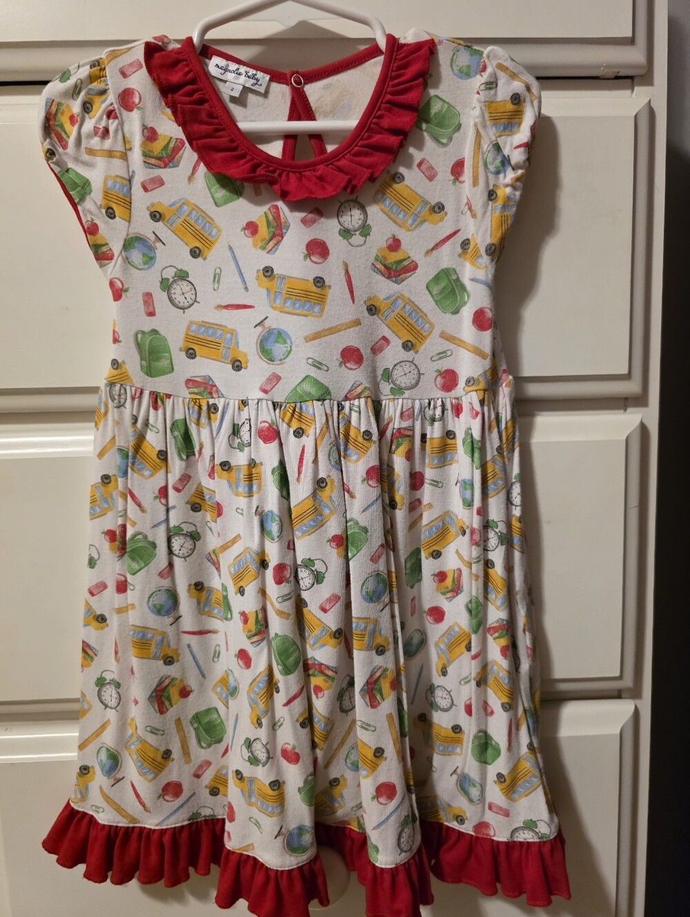 Magnolia Baby 2t Girls' School Print Red Ruffle Neck Dress
